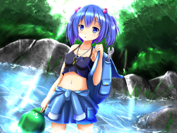 Anime picture 1200x900 with touhou kawashiro nitori deeshima single looking at viewer blush short hair open mouth blue eyes light erotic twintails bare shoulders blue hair sunlight :o girl navel plant (plants) tree (trees) water