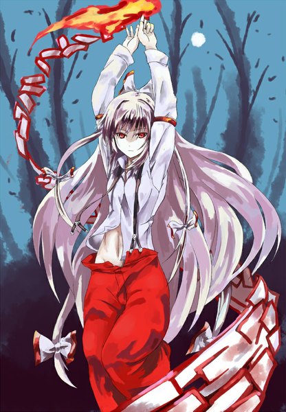 Anime picture 694x1000 with touhou fujiwara no mokou shiba murashouji single tall image fringe red eyes twintails bent knee (knees) white hair very long hair night open clothes arms up bare belly open shirt magic white skin girl navel