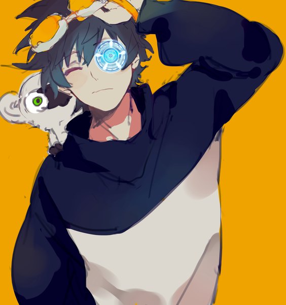 Anime picture 4223x4496 with kekkai sensen studio bones leonardo watch sonic speed monkey imtangsun single tall image looking at viewer fringe highres short hair blue eyes simple background hair between eyes brown hair absurdres upper body one eye closed arm up adjusting glasses