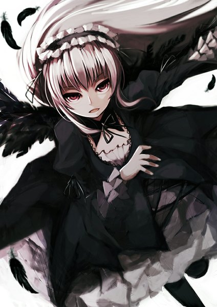Anime picture 707x1000 with rozen maiden suigintou zen33n single long hair tall image looking at viewer open mouth silver hair pink eyes black wings lolita fashion girl wings hairband feather (feathers)