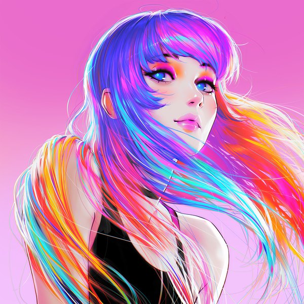 Anime picture 1920x1920 with original ilya kuvshinov single long hair looking at viewer fringe highres blue eyes simple background upper body multicolored hair lipstick gradient background floating hair pink background eyeshadow pink lipstick makeup colorful girl
