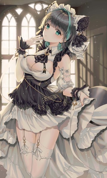 Anime picture 3000x5000 with azur lane cheshire (azur lane) ueng single tall image looking at viewer blush highres short hair breasts light erotic black hair large breasts standing indoors multicolored hair aqua eyes sparkle zettai ryouiki streaked hair