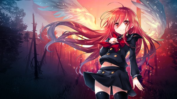 Anime picture 3840x2160 with shakugan no shana j.c. staff shana ks assassinwarrior single long hair looking at viewer fringe highres smile hair between eyes red eyes wide image absurdres ahoge red hair wind sunlight night