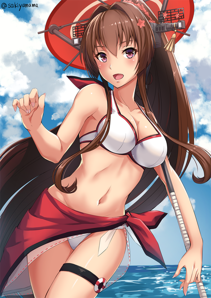 Anime picture 800x1131 with kantai collection yamato super battleship sakiyamama single tall image looking at viewer blush fringe breasts open mouth light erotic hair between eyes brown hair standing purple eyes bare shoulders holding signed payot sky