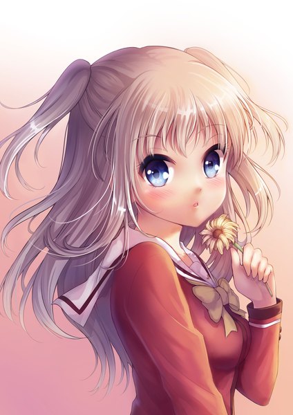 Anime picture 2480x3508 with charlotte p.a. works tomori nao p@nda single long hair tall image looking at viewer blush highres blue eyes silver hair upper body two side up gradient background girl uniform flower (flowers) serafuku
