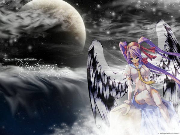 Anime picture 1024x768 with mushihime-sama reco shingo (missing link) nourie single looking at viewer fringe hair between eyes sitting signed purple hair cloud (clouds) very long hair wind arm support wallpaper puffy sleeves covered navel side slit black wings