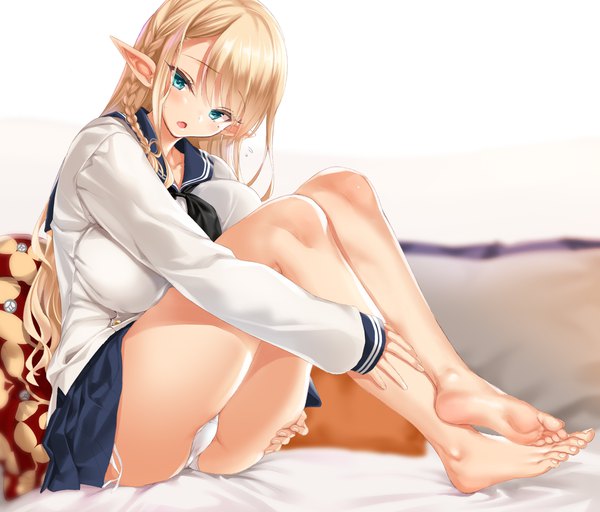 Anime picture 1951x1665 with original cle masahiro single long hair looking at viewer blush fringe highres breasts open mouth light erotic simple background blonde hair large breasts white background sitting full body bent knee (knees) braid (braids) barefoot