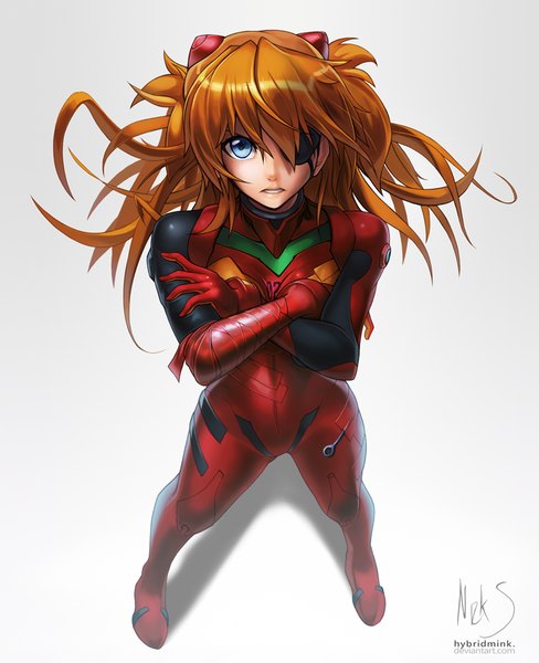 Anime picture 732x900 with neon genesis evangelion rebuild of evangelion evangelion: 3.0 you can (not) redo gainax soryu asuka langley shikinami asuka langley hybridmink single long hair tall image looking at viewer fringe blue eyes simple background hair between eyes standing signed full body parted lips from above