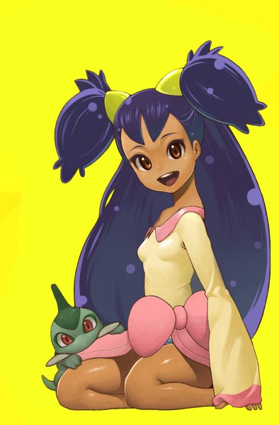 Anime picture 1122x1706 with pokemon pokemon black and white nintendo iris (pokemon) axew coon single long hair tall image looking at viewer open mouth simple background sitting brown eyes purple hair long sleeves two side up yellow background gen 5 pokemon girl