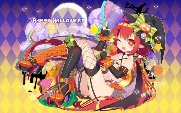 Anime picture 1920x1200 with original vivian (mvv) mvv single highres light erotic red eyes sitting red hair tail very long hair one eye closed pointy ears wink inscription sparkle wallpaper crossed legs symbol-shaped pupils halloween
