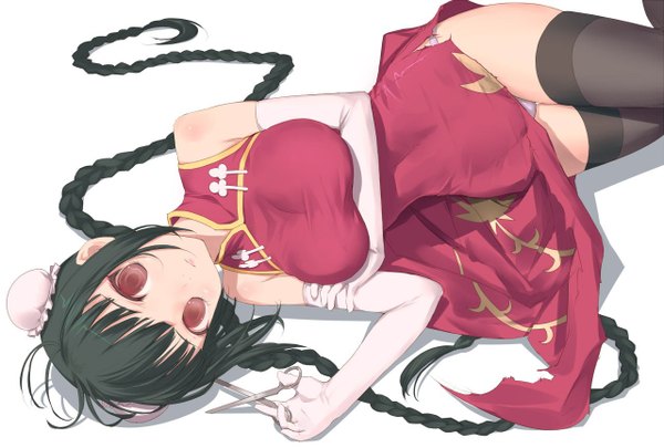 Anime picture 1280x864 with mobile suit gundam mobile suit gundam 00 sunrise (studio) wang liu mei uni (plastic girl) light erotic black hair red eyes torn clothes chinese clothes girl thighhighs underwear panties chinese dress