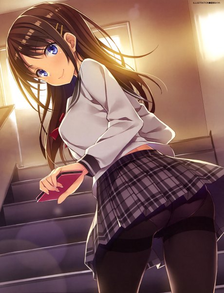 Anime picture 3951x5149 with original yuuki hagure single long hair tall image blush highres blue eyes light erotic smile brown hair holding signed absurdres pleated skirt looking back pantyshot plaid skirt girl skirt