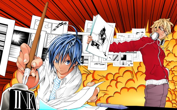 Anime picture 7680x4800 with bakuman. j.c. staff mashiro moritaka akito takagi highres short hair blue eyes blonde hair wide image blue hair absurdres light smile multiple boys hand in pocket manga explosion boy shirt glasses jacket