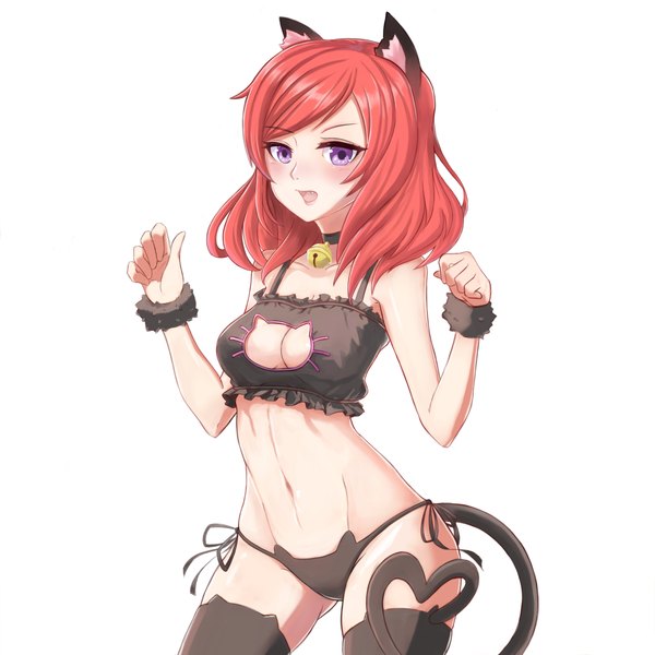 Anime picture 4429x4429 with love live! school idol project sunrise (studio) love live! nishikino maki nadaellus (arx075) single looking at viewer highres short hair breasts open mouth light erotic simple background white background purple eyes animal ears absurdres cleavage red hair tail