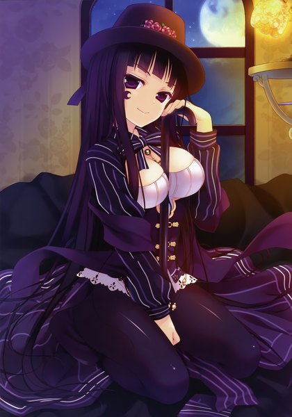 Anime picture 2098x2999 with witch's garden hatori piyoko single tall image looking at viewer highres breasts black hair purple eyes very long hair scan night girl dress hat window moon