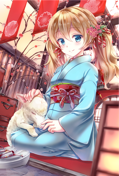 Anime picture 1378x2039 with girlfriend (kari) shiratori shiori kuuron single long hair tall image looking at viewer blush fringe blue eyes smile brown hair sitting twintails traditional clothes japanese clothes wariza girl hair ornament bow