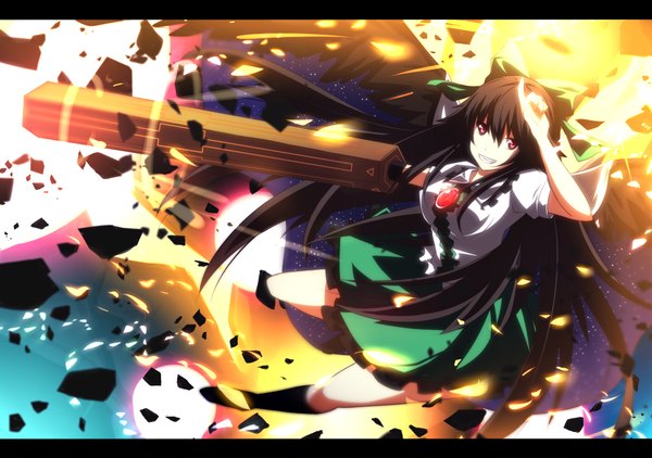 Anime picture 1000x704 with touhou reiuji utsuho itoo (artist) single long hair black hair smile red eyes arm cannon girl weapon shirt wings fire