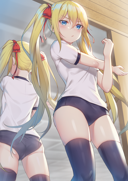 Anime picture 2480x3507 with original alexmaster single long hair tall image looking at viewer blush fringe highres blue eyes light erotic blonde hair hair between eyes standing twintails ass indoors from below reflection :<