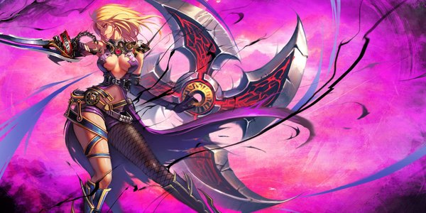 Anime picture 2048x1024 with kritika single long hair highres breasts light erotic blonde hair smile wide image large breasts standing purple eyes holding looking away profile wind lips bare belly sleeveless smoke