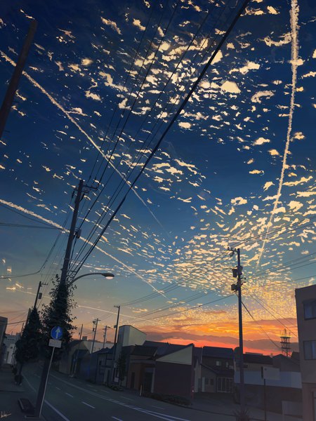 Anime picture 3024x4032 with original banishment tall image highres signed absurdres sky cloud (clouds) outdoors evening sunset no people scenic condensation trail plant (plants) tree (trees) building (buildings) house power lines road