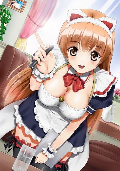 Anime picture 2480x3507 with original soyokaze long hair tall image looking at viewer blush highres breasts open mouth light erotic smile brown hair multiple girls brown eyes animal ears absurdres cleavage tail animal tail cat ears