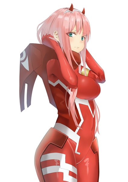 Anime picture 1158x1637 with darling in the franxx studio trigger zero two (darling in the franxx) hikashou single long hair tall image blush breasts light erotic simple background large breasts white background green eyes looking away pink hair horn (horns) covered navel girl bodysuit