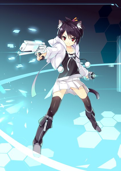 Anime picture 1500x2121 with original kaede (yumesaki kaede) single tall image looking at viewer short hair black hair smile red eyes holding animal ears tail animal tail pleated skirt cat ears cat girl cat tail spread legs zettai ryouiki fighting stance