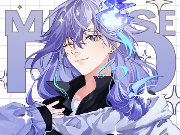 Anime picture 2000x1500 with virtual youtuber holostars minase rio crescent (cgcrescent) single long hair fringe highres hair between eyes purple eyes purple hair upper body long sleeves one eye closed wink sparkle character names sleeves past wrists boy earrings