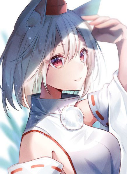 Anime picture 728x1000 with touhou inubashiri momiji natsuki (ukiwakudasai) single tall image looking at viewer fringe short hair breasts smile hair between eyes red eyes animal ears upper body white hair arm up wolf ears hat detached sleeves tokin hat