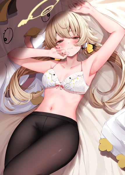 Anime picture 1250x1748 with blue archive hifumi (blue archive) peroro (blue archive) narushima kanna single long hair tall image looking at viewer blush breasts light erotic blonde hair twintails brown eyes lying arm up from above on back low twintails sweatdrop