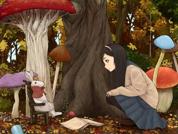 Anime picture 1280x960 with alice in wonderland alice (wonderland) white rabbit okiru (artist) long hair black hair red eyes sitting profile black eyes squat girl plant (plants) animal tree (trees) book (books) chair crown forest bunny