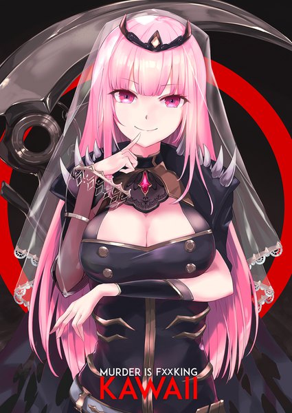 Anime-Bild 1200x1694 mit virtual youtuber hololive hololive english mori calliope mori calliope (1st costume) kie (yospcd) single long hair tall image looking at viewer fringe breasts light erotic smile large breasts standing payot pink hair cleavage upper body