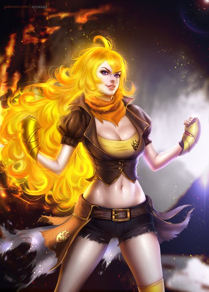 Anime picture 3004x4205 with rwby rooster teeth yang xiao long ayyasap single long hair tall image looking at viewer fringe highres breasts light erotic blonde hair smile hair between eyes large breasts standing signed absurdres pink eyes