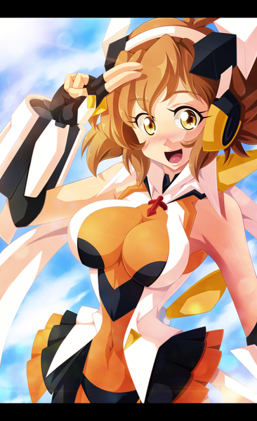 Anime picture 3600x5899 with senki zesshou symphogear satelight tachibana hibiki salim202 single tall image blush highres short hair breasts open mouth light erotic smile brown hair large breasts yellow eyes absurdres sky cloud (clouds) sunlight