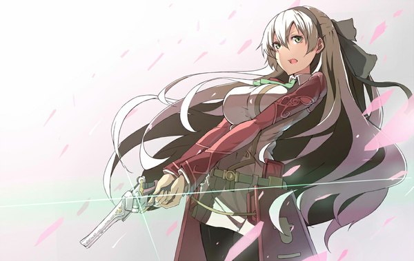 Anime picture 1108x700 with eiyuu densetsu zero no kiseki elie macdowell yashiro (silver will) single long hair fringe breasts open mouth simple background large breasts white background holding green eyes looking away white hair long sleeves girl skirt ribbon (ribbons)