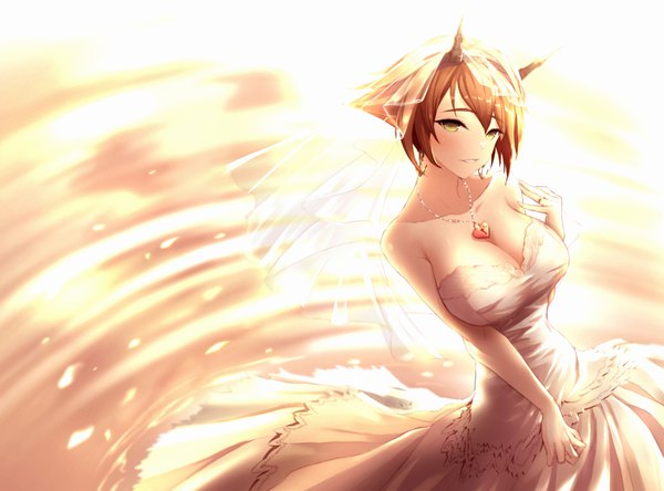 Anime picture 900x667 with kantai collection mutsu battleship limeblock single looking at viewer blush fringe short hair breasts light erotic smile brown hair large breasts standing bare shoulders green eyes from above girl dress water