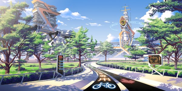 Anime picture 1500x750 with mirai millenium pinakes wide image sky cloud (clouds) no people landscape scenic summer nature plant (plants) tree (trees) building (buildings) road traffic sign