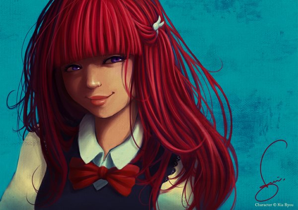 Anime picture 1000x707 with original ravenskar single long hair smile purple eyes red hair blue background face smirk girl bowtie