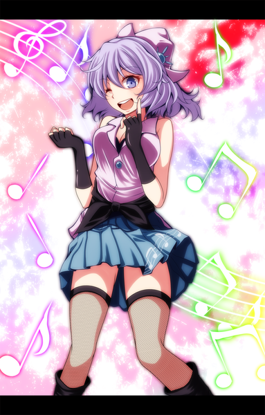 Anime picture 1277x2000 with touhou merlin prismriver s-syogo single tall image short hair open mouth blue eyes blue hair one eye closed wink girl thighhighs dress bow hair bow musical note fishnet stockings