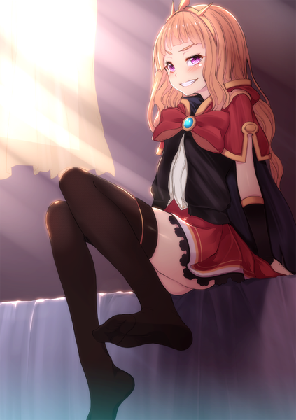 Anime picture 846x1200 with granblue fantasy cagliostro (granblue fantasy) kiyomin single long hair tall image looking at viewer blush fringe smile sitting purple eyes orange hair girl thighhighs black thighhighs clothes