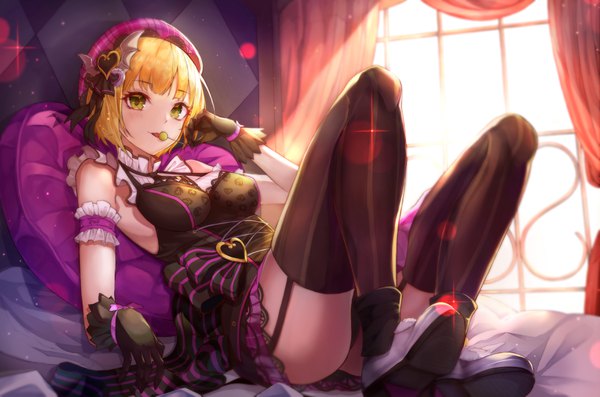 Anime picture 3510x2323 with idolmaster idolmaster cinderella girls idolmaster cinderella girls starlight stage miyamoto frederica dal song single looking at viewer blush fringe highres short hair breasts open mouth light erotic blonde hair holding green eyes absurdres full body sunlight