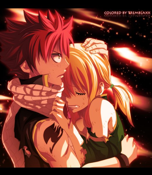 Anime picture 1000x1154 with fairy tail lucy heartfilia natsu dragneel tremblax long hair tall image short hair blonde hair yellow eyes pink hair eyes closed profile tattoo sleeveless hug grin torn clothes coloring letterboxed muscle