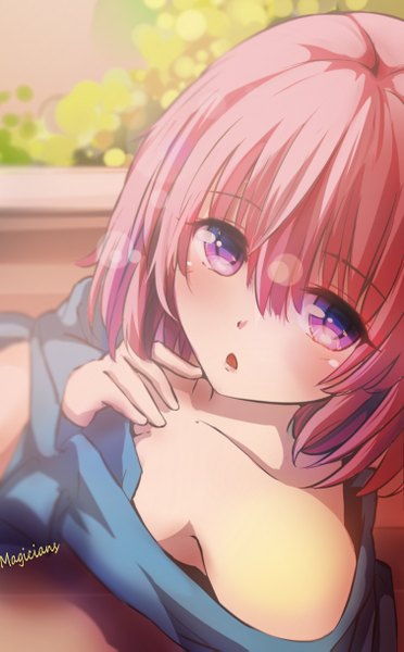 Anime picture 756x1219 with toloveru xebec momo velia deviluke magicians (zhkahogigzkh) single tall image looking at viewer blush fringe short hair open mouth bare shoulders signed pink hair pink eyes off shoulder :o finger to mouth girl