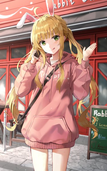 Anime picture 2315x3704 with original kerno single long hair tall image looking at viewer blush fringe highres blonde hair smile twintails holding green eyes animal ears payot ahoge outdoors blunt bangs long sleeves