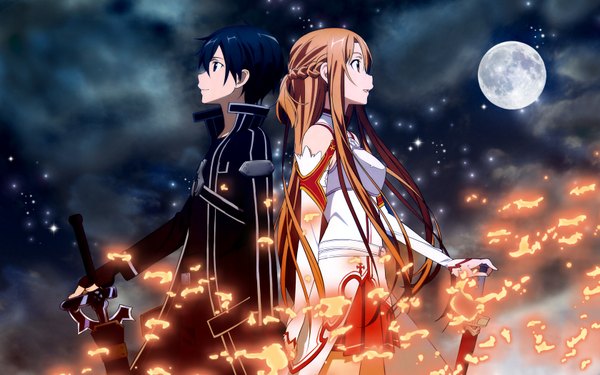 Anime picture 1680x1050 with sword art online a-1 pictures yuuki asuna kirigaya kazuto long hair short hair black hair brown hair wide image brown eyes cloud (clouds) profile girl boy weapon detached sleeves sword moon cloak fire