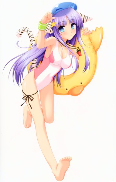 Anime picture 4293x6732 with original alpha (yukai na nakamatachi) single long hair tall image blush highres breasts blue eyes simple background large breasts white background absurdres purple hair full body barefoot light smile tiger ears tiger tail girl