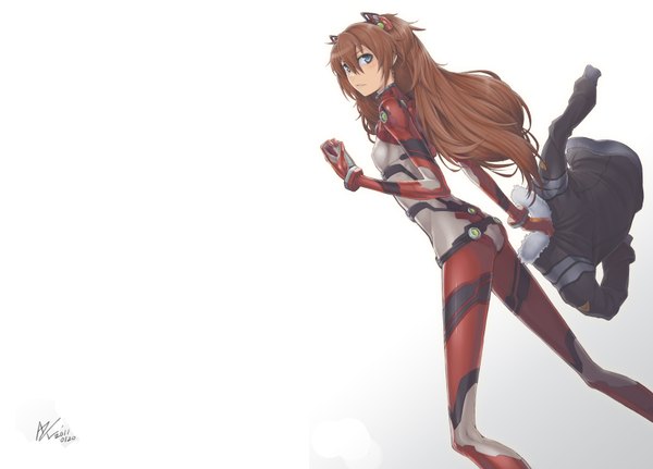 Anime picture 3288x2364 with neon genesis evangelion rebuild of evangelion evangelion: 2.0 you can (not) advance gainax soryu asuka langley shikinami asuka langley ayaki (artist) single long hair highres blue eyes brown hair white background signed absurdres orange hair alternate costume alternate color girl gloves