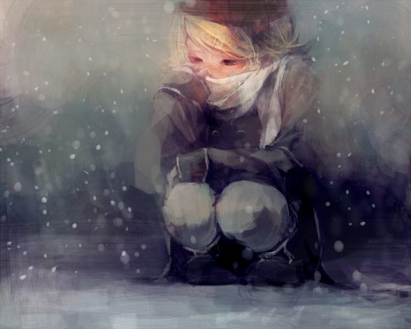 Anime picture 1050x840 with vocaloid kagamine rin met-tha single short hair blonde hair black eyes snowing winter snow squat cold girl hair ornament hairclip scarf coat cap