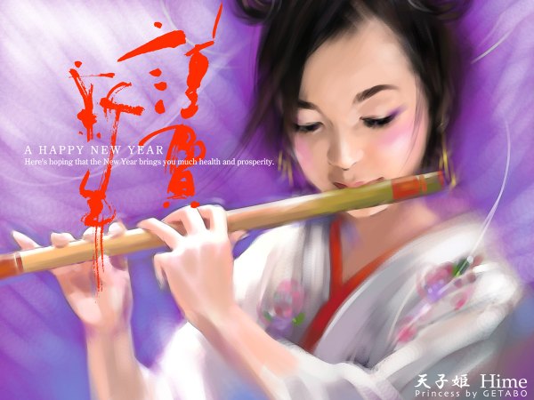 Anime picture 1200x900 with getabo (artist) blush black hair eyes closed japanese clothes realistic happy new year girl dress white dress musical instrument flute