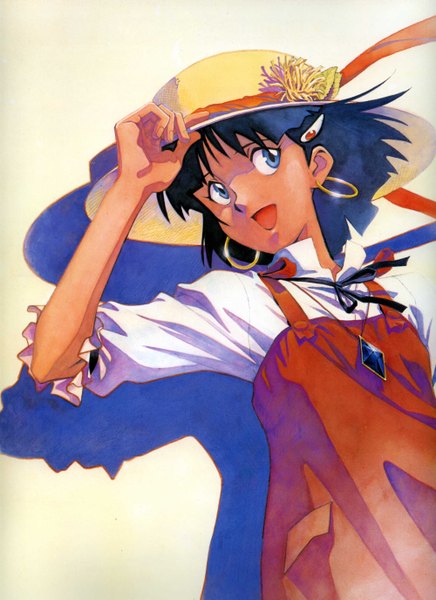 Anime picture 2000x2749 with fushigi no umi no nadia nadia single tall image highres short hair open mouth blue eyes blue hair official art shadow girl hat earrings pendant jewelry hoop earrings